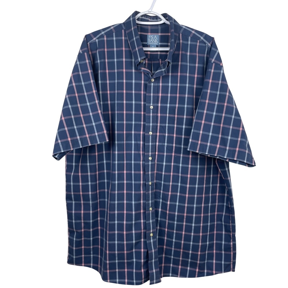 Jos A Bank Stays Cool Mens XL‎ Navy Pink Plaid Short Sleeve Button Down Shirt